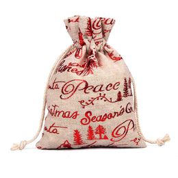 xmas goodie bags UK - 2022 New Year Christmas Jute Burlap Bags Gifts Tags with String Drawstring Bag Small Linen Fabric Canvas Goodie Bags Pouches G1119