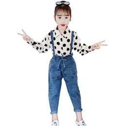 Teen Girls Clothing Dot Blouse + Jumpsuit Clothes Casual Style Tracksuit For Spring Autumn Childrens 210527