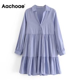 Solid Loose Casual Cotton Mini Women Office Wear Turn Down Collar Shirt Dress Long Sleeve Blue Pleated Dresses 210413