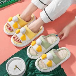 Spring New Women Hemp Slippers Cute Cartoon Duck Bedroom Couples Cotton Shoes Breathable Non-slip Home Ladies Funny Slides Y0406