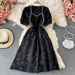 Kimutomo Chic Jacquard Dress Summer Square Collar Bubble Sleeve High Waist French Retro Hepburn Style Solid Vestidos Elegant 210521