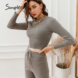 Casual stripe women's Home two piece White knitting Autumn indoor warm suit Round neck long sleeve set 210414