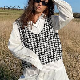 women fashion oversized knitted vest sweater V neck sleeveless houndstooth loose female Lady waistcoat chic tops Winter 210428