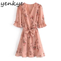 Holiday Summer Dress Women Floral Print Casual Wrap Female Cross V Neck Butterfly Sleeve Sashes Chiffon Vestido 210430