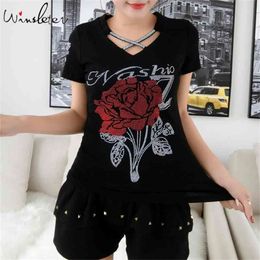 Summer Fashion Korean Clothes T-shirt Sexy Hollow Out Diamonds Rose Cotton Women Tops Ropa Mujer Short Sleeve Tees T06629 210623