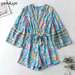 Floral Print Holiday Boho Beach Jumpsuit Women Sexy Cross V Neck Batwing Sleeve Casual Summer Short Romper 210430