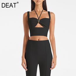 Black Short High Waist Vest With Small Sling Hollow Out Lace Up Top For Women Sexy Style Spring And Summer GX1019 210421