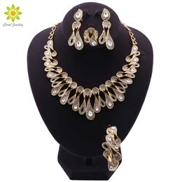 New Arrival Dubai Fashion Gold Colour Jewellery Sets for Women Crystal Necklace Earrings Bracelet Ring Wedding Party Jewellery Set H1022