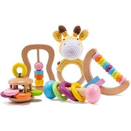 Organic Safe Wooden Toys DIY Crochet Rattle Soother Bracelet Teether Set Baby Product Montessori Toddler Toy 211029
