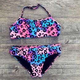 7-14years Children Girl Leopard Ruched Bikini Set Swimwear Swimsuit Bathing Clothes Braga Bañador Oara La Playa De Niña M4