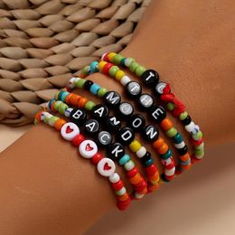 Link, Chain 6PCS/Set Colourful Acrylic Beaded Black Letter Beads Geometric Round Love Heart Bracelet Set For Women Girls Handmade Jewellery