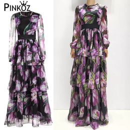 Runway Designer Fashion Spring Summer O-Neck Long Sleeve Print High Waist Luxury FlowerWomen Dress Pleated Chic 210421