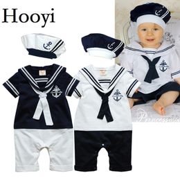 Sailor Baby Boy Short Rompers Cool Baby Navy Beret Cap Fashion 100% Cotton Infant Clothes Costumes Seaman Jumpsuit Overall 210413