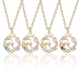 Alice In Wonderland Necklace Women Jewellery Gold Chain Enamel Flower Wreath Heart Crown Alice Girl Necklaces Pendants Collares Y0301