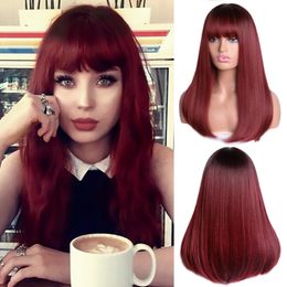 Ombre Brown Golden Long Straight Hair Lolita Bobo Wigs with Bangs Synthetic Wigs For Women Cosplay Heat Resistantfactory direct