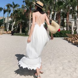 Summer Women Sexy Backless Maxi Sleeveless Off Shoulder White Lace Embroidery Tunic Long Beach Dress 210415