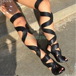 Boots Stiletto Peep Toe Hollow Out Cross Straps Sandals Ladies Winter Lace Up Big Size 36-46 Over The Knee Sexy Summer Sandal