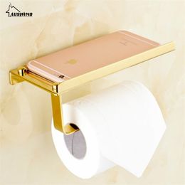 Stainless Steel Toilet Paper Holder Resistant European Golden Tissue Rack With Mobile Phone Chrome Finish Bath Set 210720