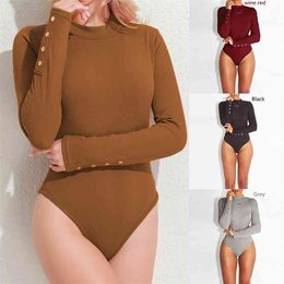 Women Long Sleeve Bodysuit Fashion Stretch Women's Bodysuit With Button Solid Slim Casual Ladies Rompers Autumn Clothing 210715