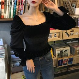 Vinatge Velour Autumn Women Blouses Black Solid Square Neck Office Lady Blusas Elegant Long Sleeve Shirts 17826 210415