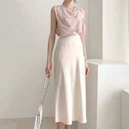 Elegant High Waist Satin Skirt Women Casual A-Line Midi Silk Slim Summer Autumn 210721