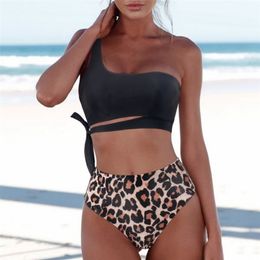 Bikini Swimsuit Women Push Up Set Sexy One Shoulder Beachwear Summer Leopard Bathing Suit High Waist Swimwear 210630