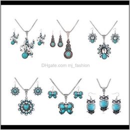 & Jewelryjewelry Sets Necklace Earrings Fashion Women Vintage Ethnic Imitation Turquoise Rhinestone 2-Piece Set Party Jewellery Wholesale Drop