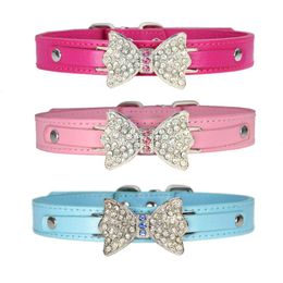 Dog Collars & Leashes Pet Collar Leather Bling Rhinestone Bow-knot Cat Puppy Chihuahua Teddy For Dogs Cats