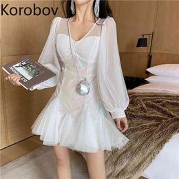 Korobov New Arrival Elegant Chiffon Dress Sweet Puff Sleeve Mesh Ruffles Patchwork Dresses V Neck Beach Style Summer Vestidos 210430