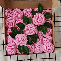 25Pcs/Box 8cm Artificial Flowers PE Rose Head Fake Plants Leaves DIY Foam Flower Ball Wedding Wreath Valentine's Day Bouquet