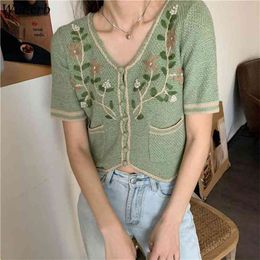 Floral Embroidered Knitted Cardigan Tops Women Summer Short Sleeve V-neck Crop Sweater Korean Fashion Ladies Jumpers 210519