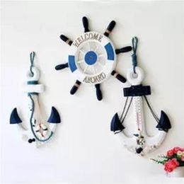 Wood Decoration Mediterranean Ornament Wheel Boat Steering Rudder Anchor Nautical Theme Home Decor Birthday Party Hanging Board 211108