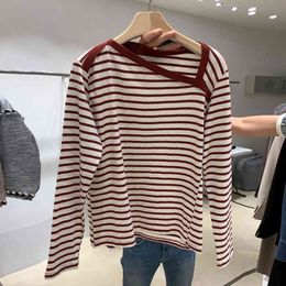 Spring Soft All Match Woman Striped Tshirts Chic Skew Collar Designed Simple T-shirts Long Sleeve Ladies Tops 210514