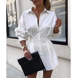 Summer Solid White Full Turn Down Collar Shirt Pleated Waist Office Lady Women Tops 210615