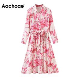 Aachaoe Elegant Floral Print Shirt Women Turn Down Collar Sashes Dress Female A Line Long Sleeve Midi Dresses Vestidos 210413