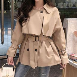 Spring Women Elegant Turn-down Collar Double Breasted Trench Chic Vintage Pockets Slim Khaki Black Coat with Belt 210423