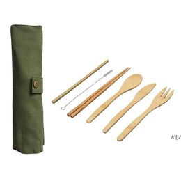 7Pcs/Set Wooden Dinnerware Set Bamboo Teaspoon Fork Soup Knife Catering Cutlery Set with Cloth Bag Kitchen Cooking Tools Utensil LLA10845