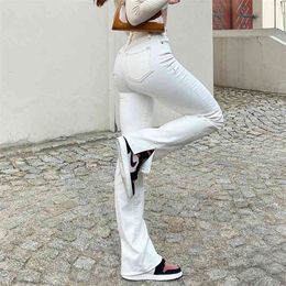 White Jean High Waist Straight Ankle Split Casual Denim Trousers Office Lady Slim Pants Female Summer 210629