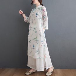 Ethnic Clothing 2021 Chinese Dress Qipao Cotton Cheongsam Linen Floral Print Hanfu Casual Yoga Oriental Vintage Loose 12909