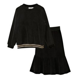 4 to 16 years kids & teenager big girls black velour long sleeve blouse with fishtail flare skirt 2 pieces set velvet clothes 211025