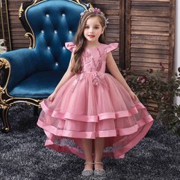 2021 Pearls Flower Girl Dresses Appliqued Beaded Hi-Lo Tiered Tulle Sleeveless Pageant Gowns Ruched Satin Birthday Gown