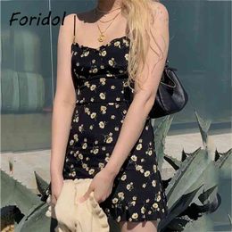 Floral Print Ruffle Slip Summer Dress Women Clothing Strap Sleeveless Boho Short Beach Black 210427