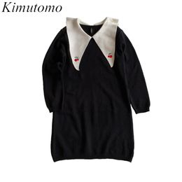 Kimutomo Sweet Girls Knitted Dress Autumn Winter Korea Fresh Style Female Turn-down Collar Embroidery Dress Elegant 210521