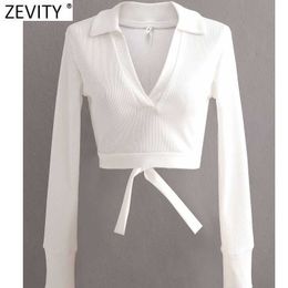 Zevity Women V Neck Long Sleeve Hem Bow Tied Chic Camis Tank Ladies Sexy Backless Knitted Slim T-shirt Casual Short Tops LS9011 210603