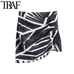 TRAF Women Chic Fashion Printed Draped Asymmetry Mini Skirt Vintage High Waist Side Zipper Female Skirts Mujer 210415