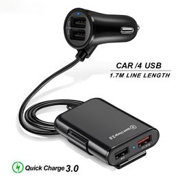 4 Port USB Car Charger Quick Charge QC3.0 with 5.6ft Extension Cable For Back Seat Fast Charging iPhone 12 Xiaomi Phone Driving Recorder