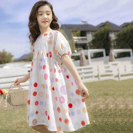 Teen Girls Cotton Casual Dress Summer 2021 New Kids Korean Style Loose Cute Polka Dot Princess Clothing Not Transparent, #9449 Q0716