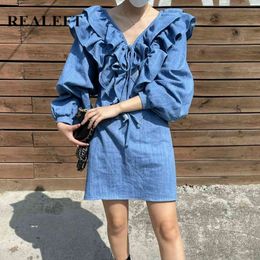 Denim Women's Sexy Mini Dress Ruffles V-Neck Long Sleeve Cowboy Casual Loose Jeans Female A-Line Dresses 210428