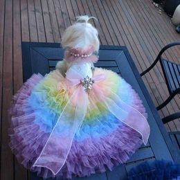 Handmade Dog Clothes Luxury Candy Colour Princess Wedding Dress Pearl Collar Tulle Chapel Train Pet Trailing Gown Poodle Maltese