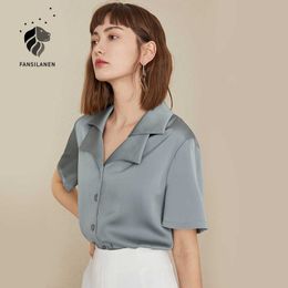 FANSILANEN Double collar office lady satin blouse shirt Women short sleeve white summer top Female elegant silk 210607